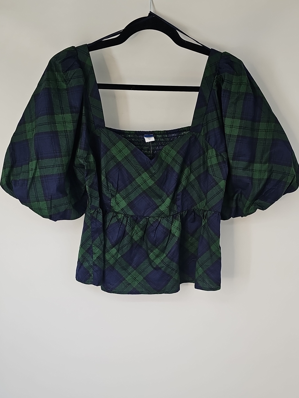 Old Navy Plaid Empire Waist Peplum Top wBalloon Puffed Sleeves